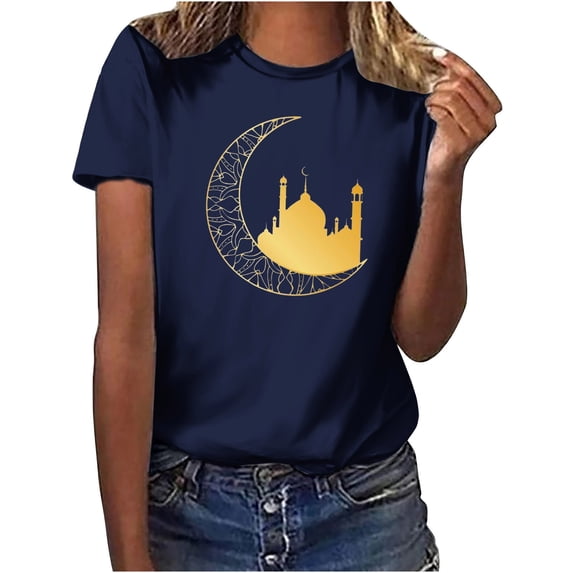 Penkiiy Women's Funny Printed Pattern Casual Fashion Soild Color Short Sleeve Tops Blouse L Navy