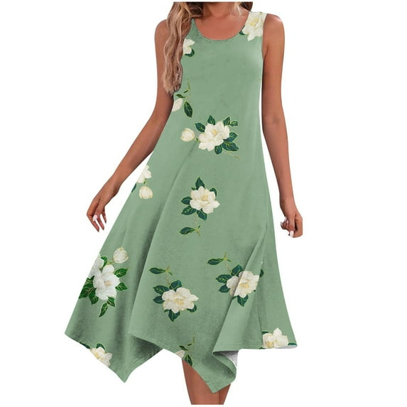 Penkiiy Women's Hankerchief Hem Maxi Tank Dresses Summer Sleeveless Crew Neck Sundress Casual Ruffle A-Line Boho Dress XL Green