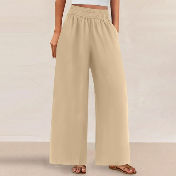 Penkiiy Women's High-Rise Stretch Waist Pocket Casual Pants - Comfy & Trendy Solid Color Trousers with Elastic Band M Beige