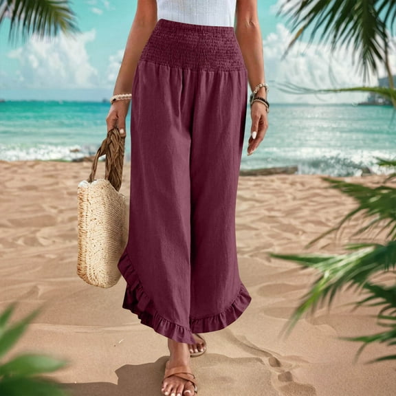 Penkiiy Women's High Waist Ruffle Pants - All-Day Comfort Elastic Waistband | Casual Chic Polyester Trousers