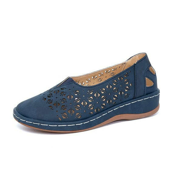 Penkiiy Women's Hollow Comfort Slip On Leather Ballets Flats Shoes Flat Shoes Hollow Wedge Heel Casual Large Size Single Shoes 38 Blue