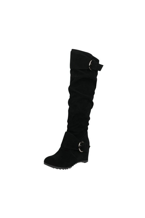 Women's Knee High Mid Calf Flats Boots Sweater Knitted Cuff Buckles Wedge Rubber Sole 37 Black