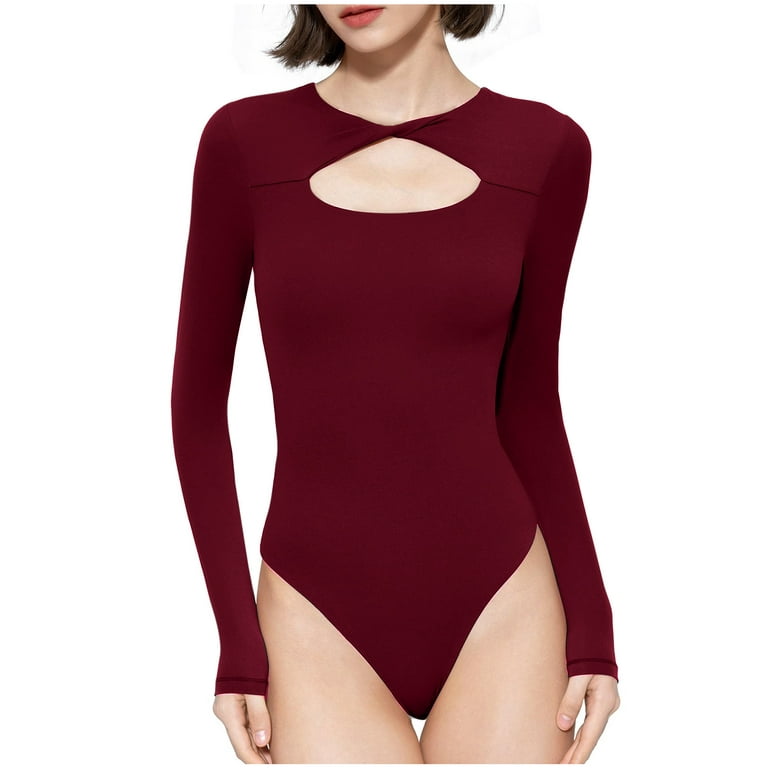 Penkiiy Women's Knot Front Long Sleeve Bodysuit Crew Neck Body Suits Sexy  Tops Smoke Cloud Pro Collection Wine Shapewear Tummy Control 