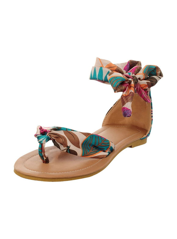 Penkiiy Women's Leisure Vacation Beach Silk Ankle Strap Color Matching Flip Flops Bohemian Sandals