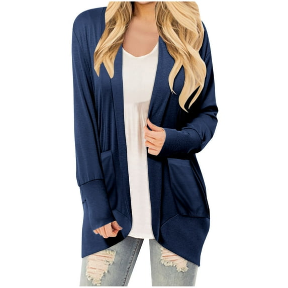 Penkiiy Women's Lightweight Cardigan Casual Soft Long Sleeve Floral Knit Cardigans with Pockets High Low Hem Draped Duster Navy for M