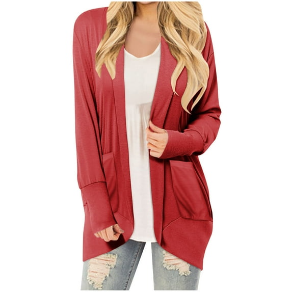 Penkiiy Women's Lightweight Cardigan Casual Soft Long Sleeve Floral Knit Cardigans with Pockets High Low Hem Draped Duster Red for S