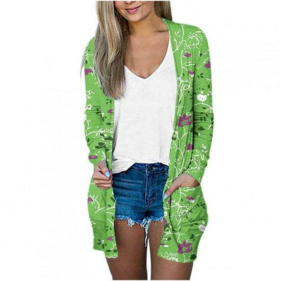 Penkiiy Women's Lightweight Open Front Cardigans Long Sleeve Casual Soft Drape Fall Cardigan with Pocket Green for S