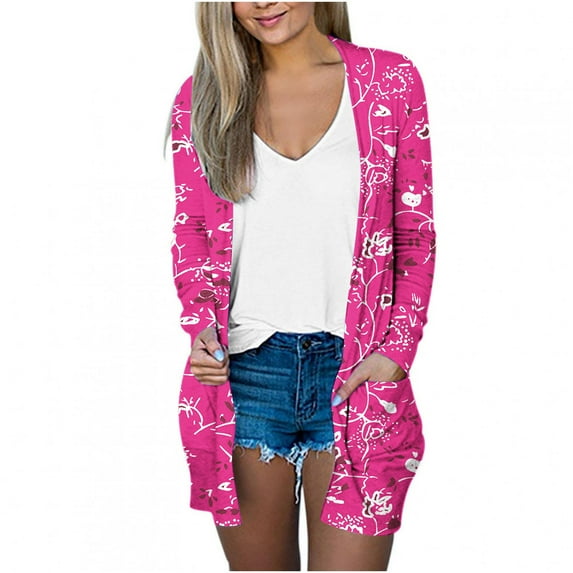 Penkiiy Women's Lightweight Open Front Cardigans Long Sleeve Casual Soft Drape Fall Cardigan with Pocket Hot Pink for L