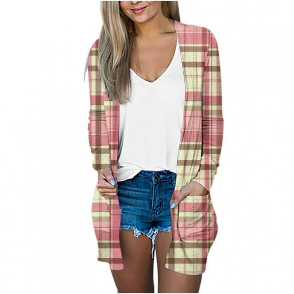 Penkiiy Women's Lightweight Open Front Cardigans Long Sleeve Casual Soft Drape Fall Cardigan with Pocket Pink for 2XL