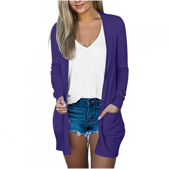 Penkiiy Women's Lightweight Open Front Cardigans Long Sleeve Casual Soft Drape Fall Cardigan with Pocket Purple for S