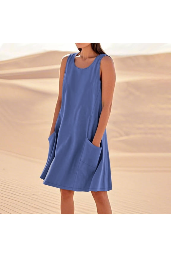 Women's Linen Blend Pocket Dress | Casual Sleeveless Shift Dress with Pockets M Blue