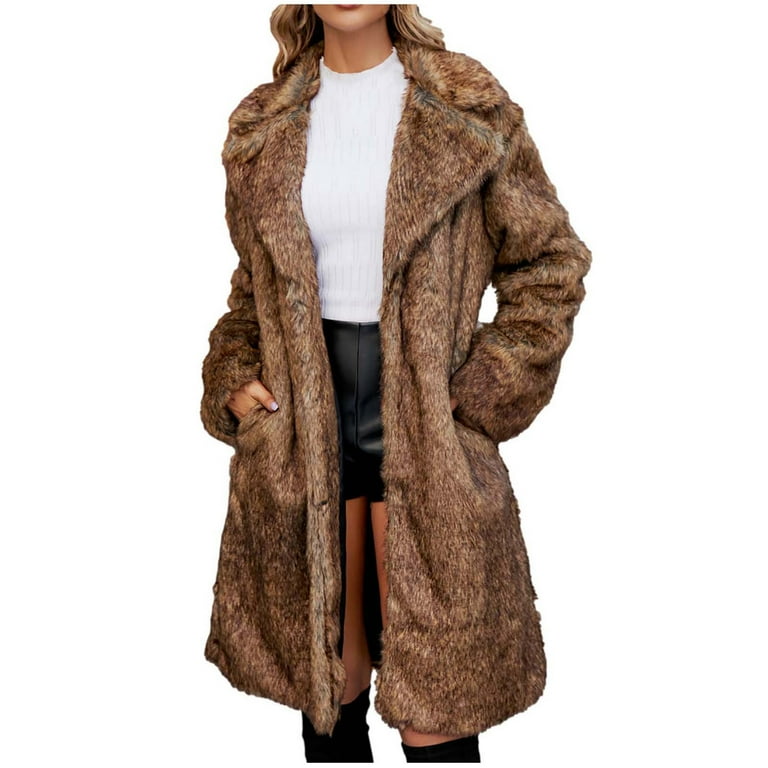 Penkiiy Women's Long Lapel Faux fur Jacket Shaggy Coat Warm