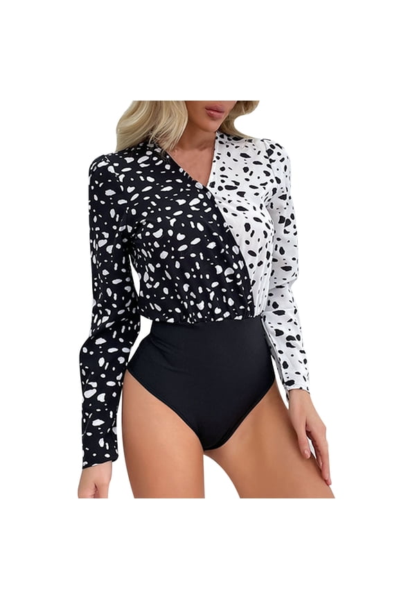 Women's Long Sleeve Wrap V-Neck Leotard Jumpsuit Bodysuit Black Shapewear Tummy Control