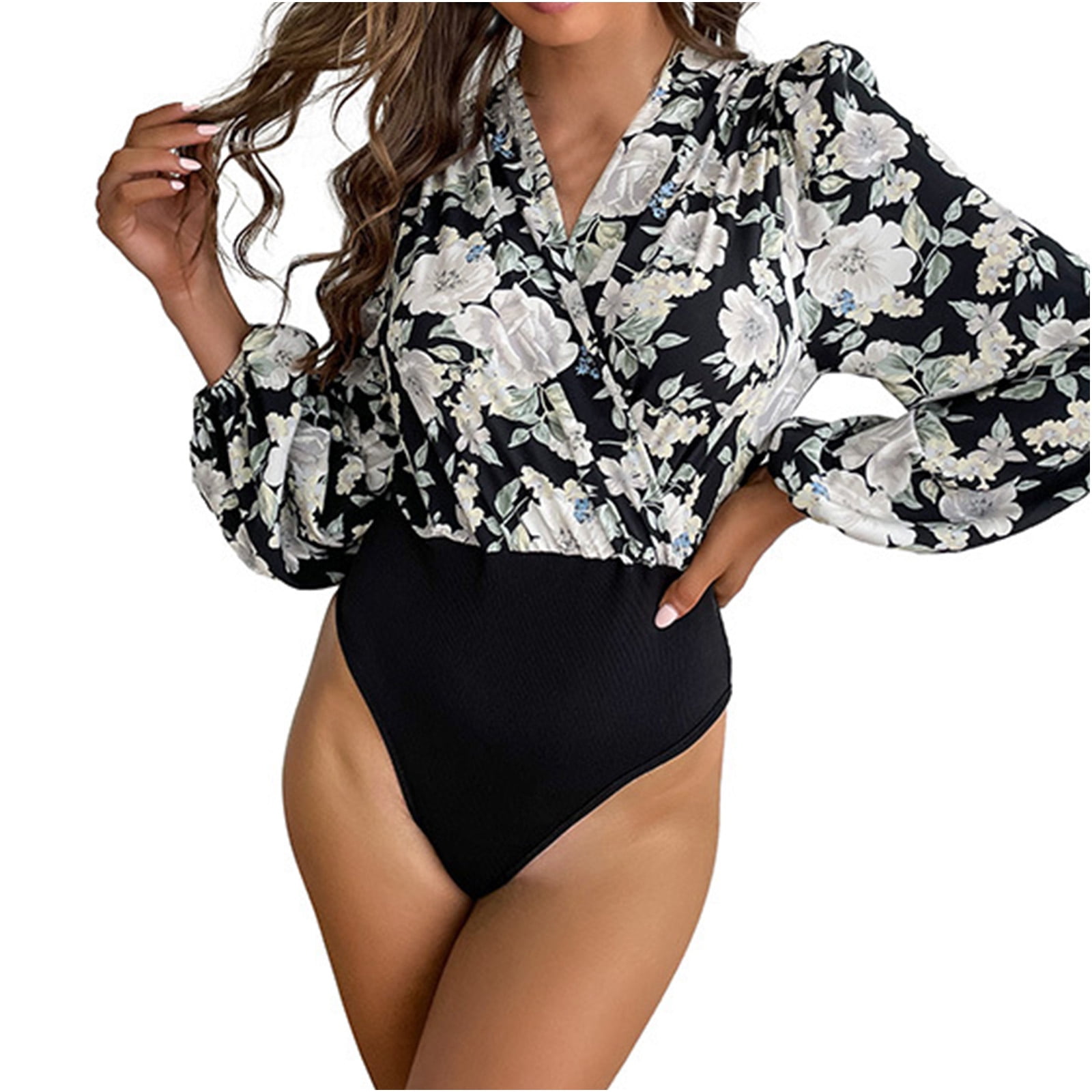 Women's V-Neck Long Sleeve Bodysuit – Stretchy Cotton Leotard Top In Army Green - View #2