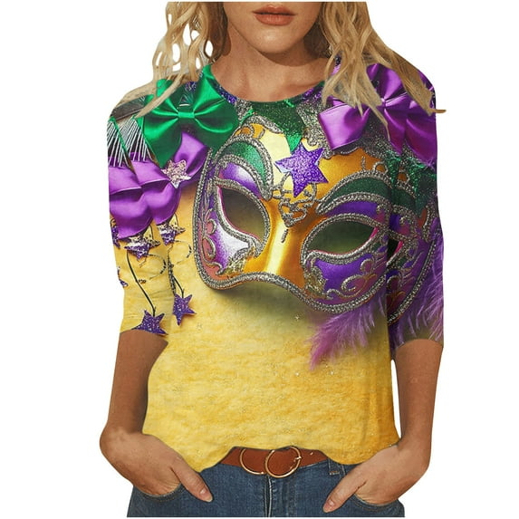 Penkiiy Women's Mardi Gras Fashion Printing Casual Round-Neck 3/4 Sleeve T-shirt Blouse M Multicolor