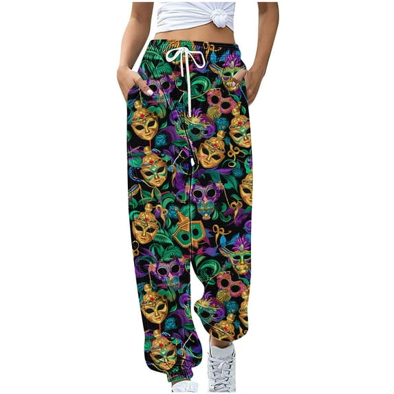 Penkiiy Women's Mardi Gras Printed Sports Loose Casual Wide Leg Drawstring Pocket Sweatpants Long Pants XL Multicolor
