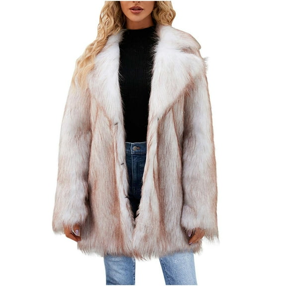 Penkiiy Women's Medium Lapel Faux fur Jacket Shaggy Coat Warm Outerwear Cardigan Faux Fur Coat Beige