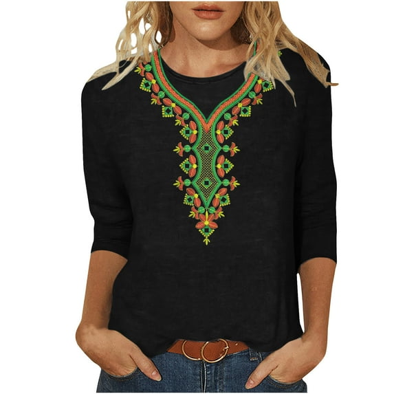 Penkiiy Women's Mexican Boho Embroidered Tops 3/4 Sleeve Peasant Casual Loose Tunics Fall Blouse Shirts for Women,Vintage Floral Tunic Shirts, Flowers Embroidery Blouses XL Black