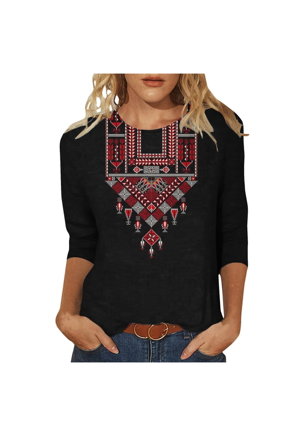 Women’s Mexican Embroidered Tops for Women Boho Blouse for Women Summer 3/4 Sleeve Floral Hippie Shirts Tunics,Vintage Floral Tunic Shirts, Flowers Embroidery Blouses M Black