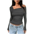 thumbnail image 1 of Penkiiy Women's One Off Shoulder Long Sleeve Tops Ruched Going Out Tops Slim Shirt Crop Tops XL Dark Gray, 1 of 5