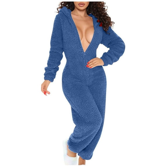 Penkiiy Women's One Piece Fleece Sleepwear Cute Ears Hooded Christmas Pajamas Jumpsuit Butt Button Back Flap Rompers 2XL Light Blue