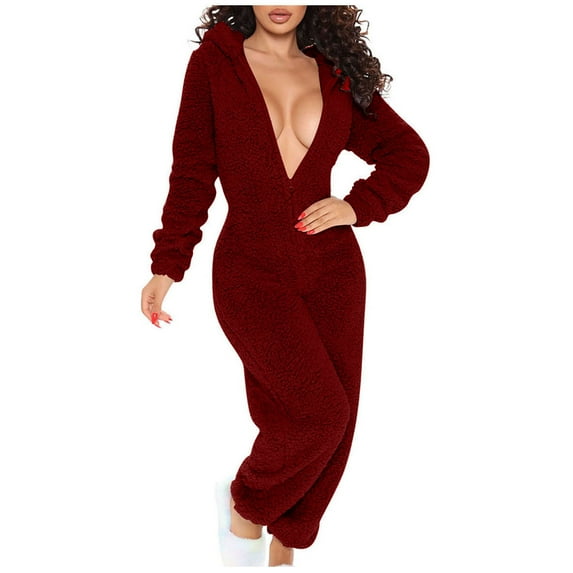 Penkiiy Women's One Piece Fleece Sleepwear Cute Ears Hooded Christmas Pajamas Jumpsuit Butt Button Back Flap Rompers 2XL Wine