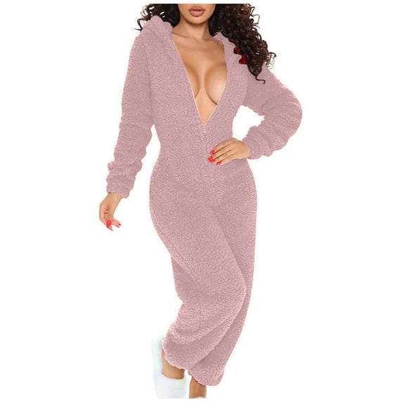 Penkiiy Women's One Piece Fleece Sleepwear Cute Ears Hooded Christmas Pajamas Jumpsuit Butt Button Back Flap Rompers S Pink