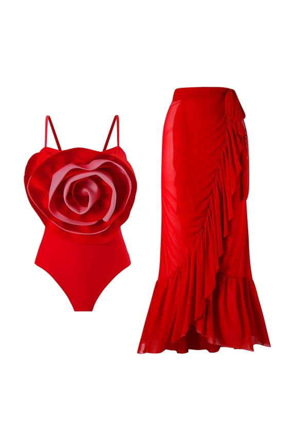 Women's One Piece Floral Swimsuit with Sarong Cover up Wrap Skirt 2 Piece Swimwear Beach Outfit Bathing Suit XS Red
