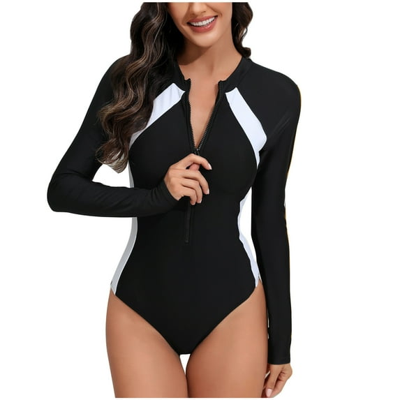 Penkiiy Women's One Piece Long Sleeve Rash Guard Surfing Swimsuit Swimwear Bathing Suit Diving Suit Siamese Summer Beach Surfing Swimwear L White