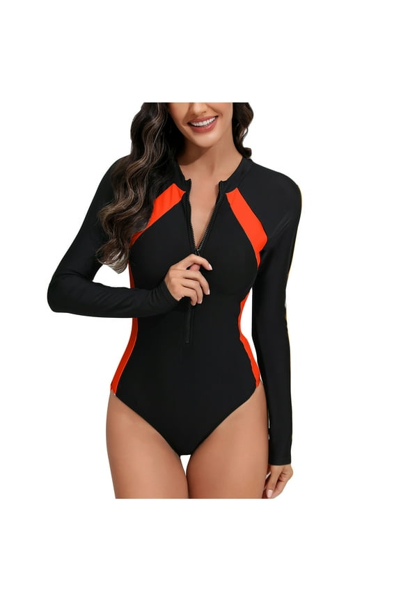 Women's One Piece Long Sleeve Rash Guard Surfing Swimsuit Swimwear Bathing Suit Diving Suit Siamese Summer Beach Surfing Swimwear XL Orange