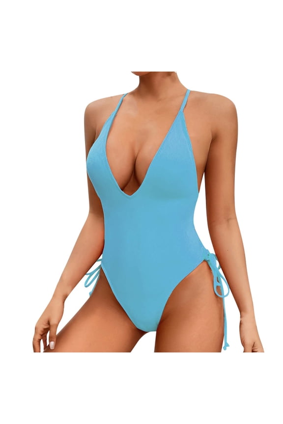 Women's One Piece Swimsuit Tie Side 1 Piece Bathing Suit High Cut Monokini Sexy Swimwear S Sky Blue