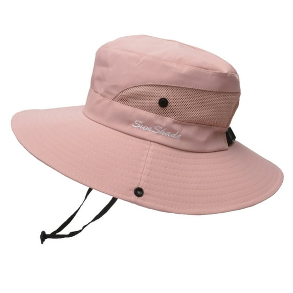 Penkiiy Women's Outdoor UV-Protection-Foldable Sun-Hats Side Snap Chin Cord Mesh Wide-Brim Beach Fishing Hat with Ponytail-Hole Pure color