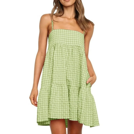 Penkiiy Women's Plaid A-Line Mini Dress with Side Pockets , Trendy Casual Sleeveless Dress with Adjustable Straps & Ruffle Details XL Green