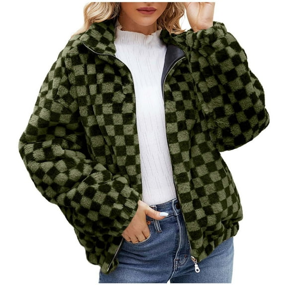 Penkiiy Women's Plaid Cropped Faux Fur Jacket Long Sleeve Open Front Cardigan Casual Fluffy Parka Shaggy Cropped Coat Faux Fur Coat Green