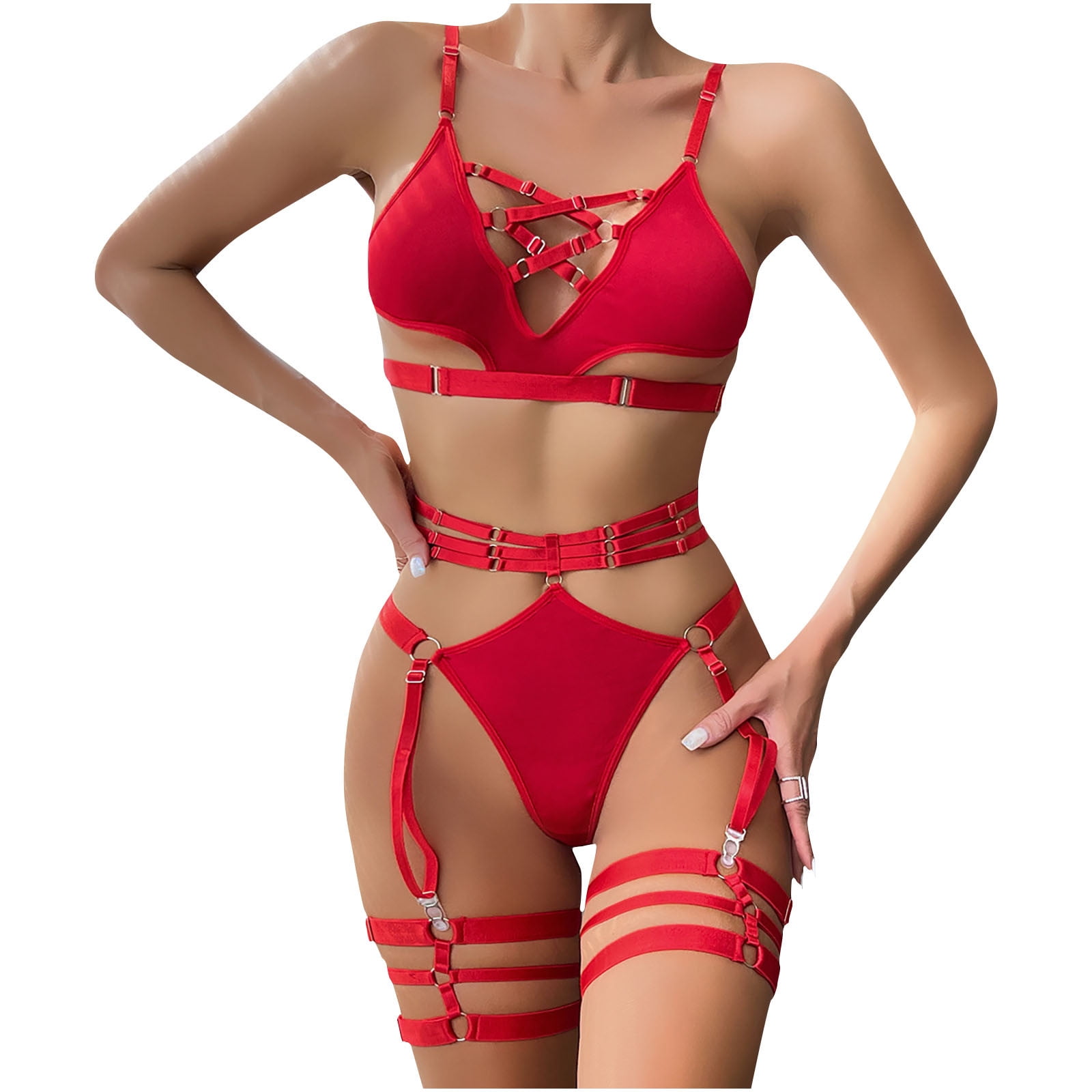 Womens Sexy Red PU Leather Bandage Lingerie Set - The Little