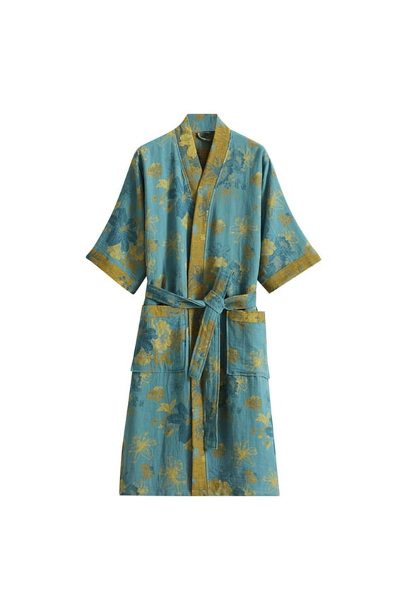 Women's Printed Bathrobe Soft Double-layer Gauze Lightweight Midi Sleepwear Shower Kimono Robe XL Blue