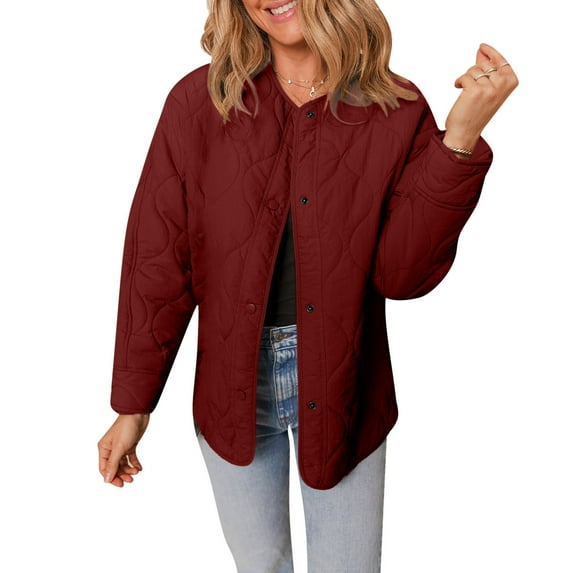 Penkiiy Women's Quilted Lightweight Jackets Casual Long Sleeve Button Down Puffer Coat with Pockets S Wine
