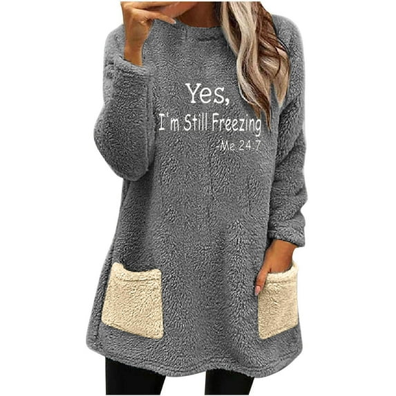 Penkiiy Women's Round- Neck And Winter Loose Solid Pocket Warm Long Sleeve Blouse Tops 2XL Dark Gray