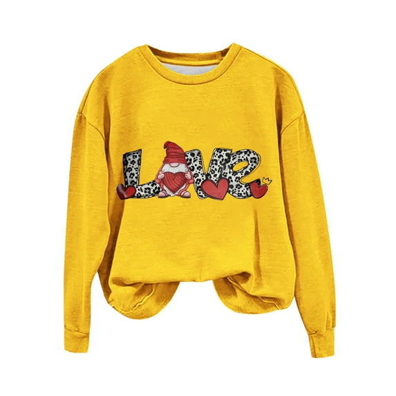 Penkiiy Women's Round Neck Valentine's Day Love Gnome Printed Loose Fitting Sweater Long Sleeve Hoodless Sweatshirts XL Yellow