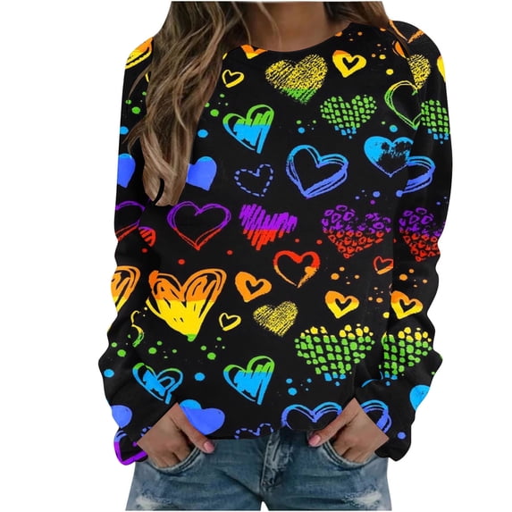 Penkiiy Women's Round Neck Valentine's Day Love Printing Loose Fitting Sweater Long Sleeve Hoodless Sweatshirts 3XL Black