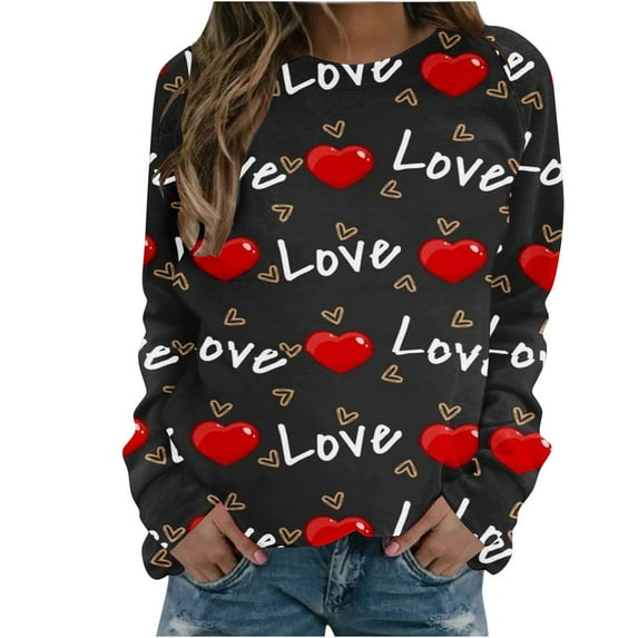 Penkiiy Women's Round Neck Valentine's Day Printed Loose Fitting Sweater Long Sleeve Hoodless Sweatshirts 3XL Black