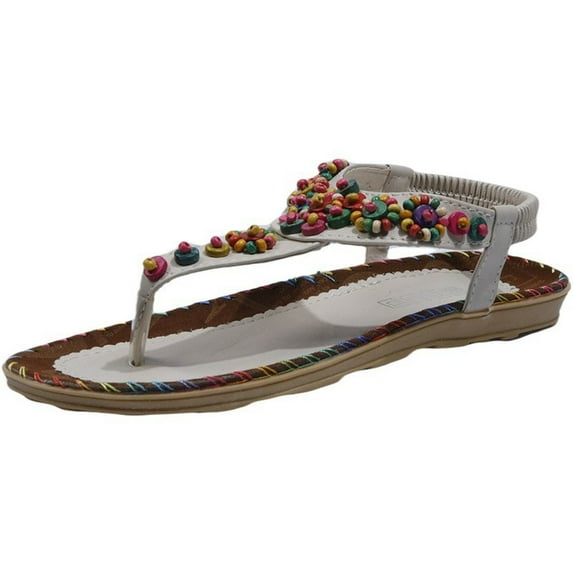 Penkiiy Women's Sandals Beaded Flat Summer Shoes T-Strap Thong Bohemian Casual Dressy Sandals for Women 36 White