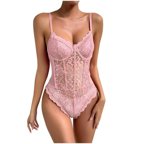 Penkiiy Women's Sexy Floral Lace Bodysuit Sheer Mesh Shapewear Skinny Top Camisole Corset Bodysuit Pink Shapewear Tummy Control