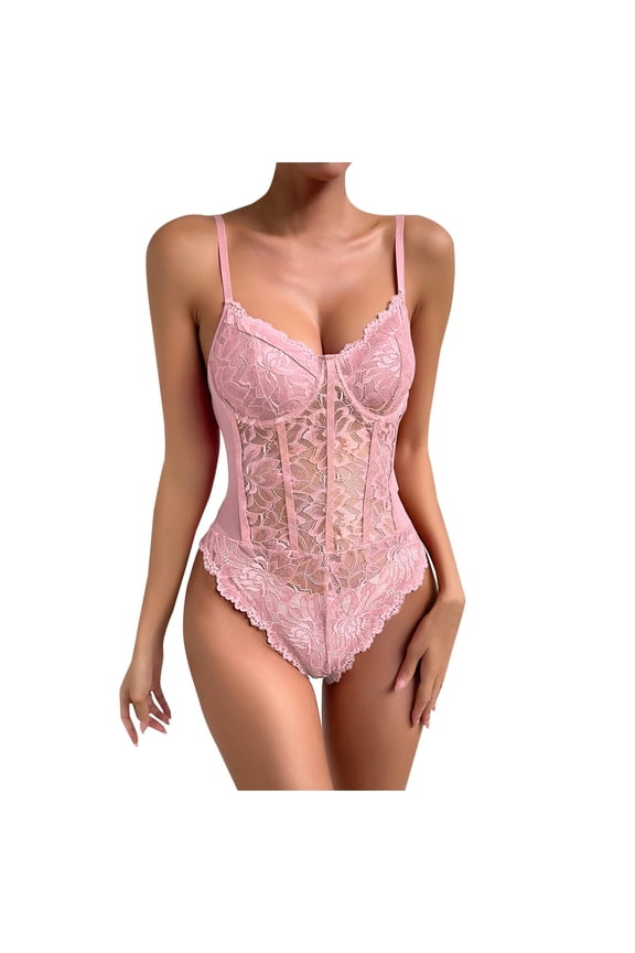 Women's Sexy Floral Lace Bodysuit Sheer Mesh Shapewear Skinny Top Camisole Corset Bodysuit Pink Shapewear Tummy Control