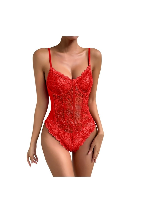 Women's Sexy Floral Lace Bodysuit Sheer Mesh Shapewear Skinny Top Camisole Corset Bodysuit Red Shapewear Tummy Control