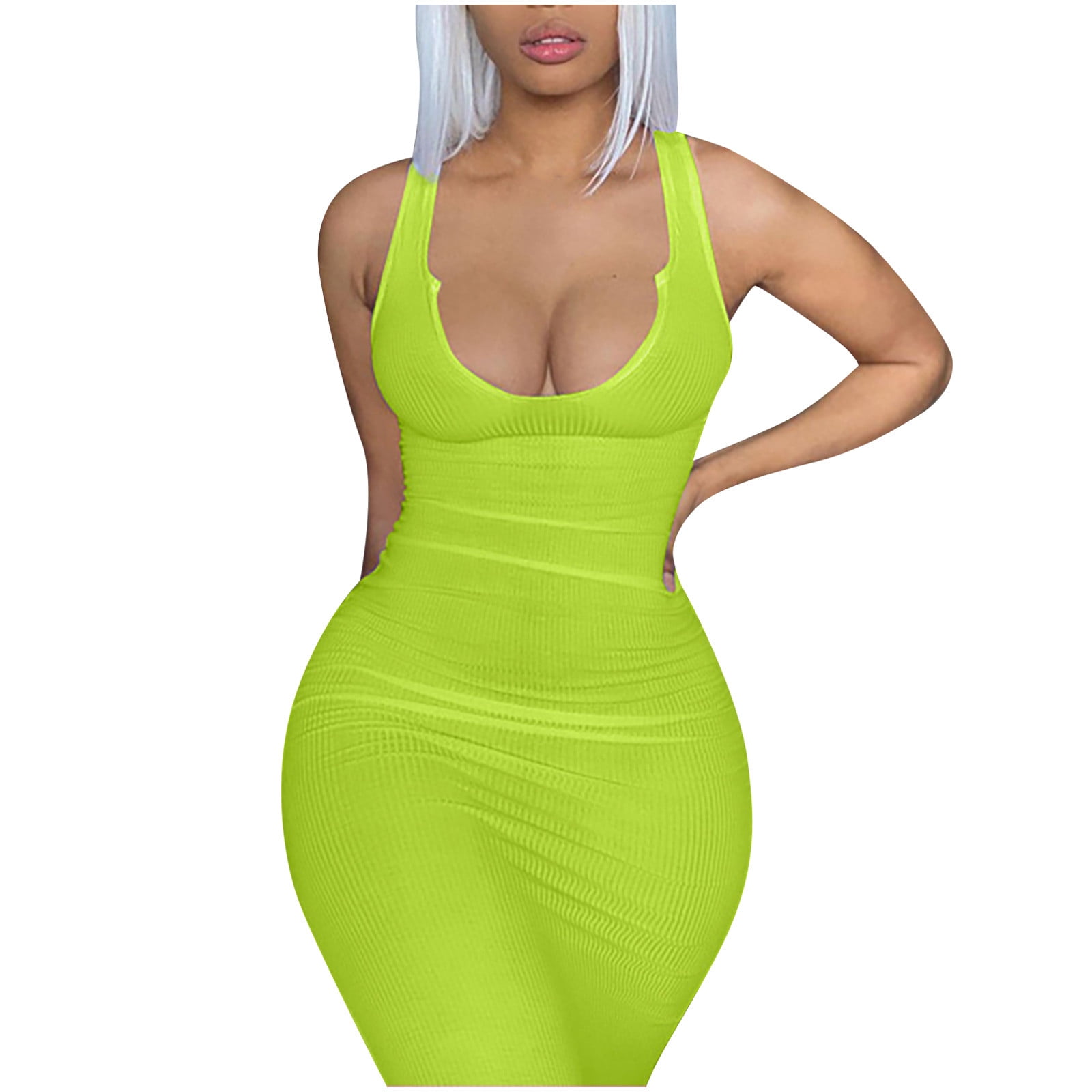 Penkiiy Women s Sexy Tank Dress Deep V Neck Sleeveless Ribbed Party Club Dress Short Party Dress with Pockets M Green 2023 Summer Deal Walmart