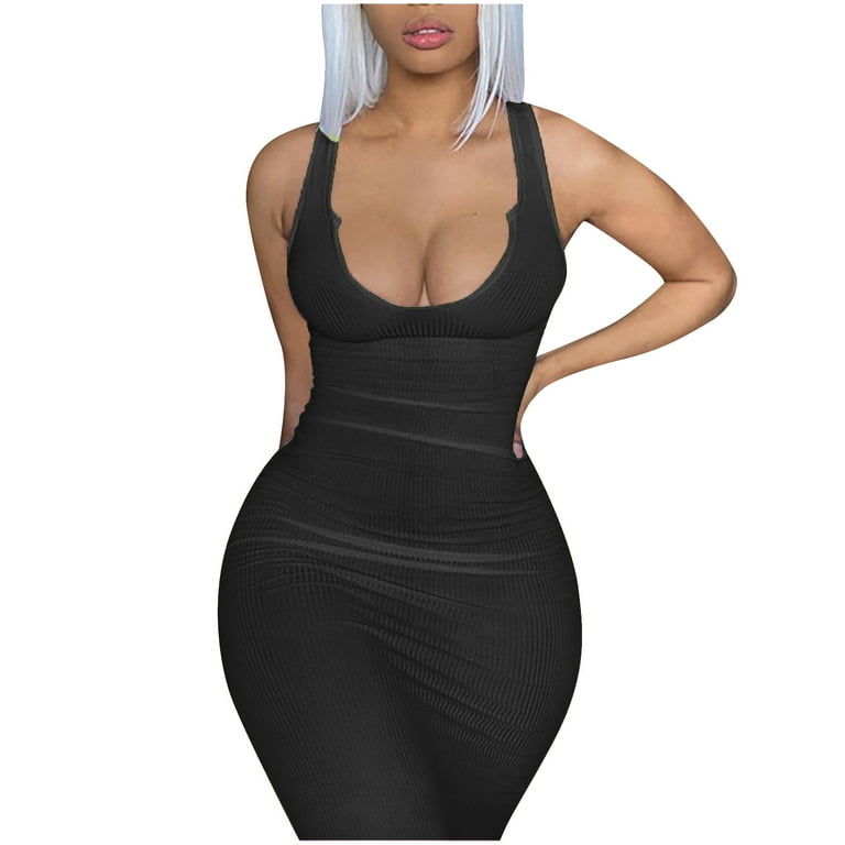  Sexy Bodycon Tank Dress For Women Summer Sleeveless Ribbed V  Neck Basic Club Maxi Dresses Black L