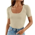 thumbnail image 1 of Penkiiy Women's Short Sleeve Square Neck Ribbed Knit Pullover Slim Fit Basic T Shirt Tops 2XL Beige, 1 of 8