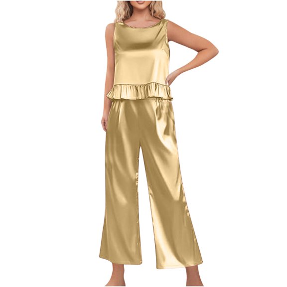 Penkiiy Women's Silk Satin Pajama 2 Piece Outfits Sleeveless Tank Crop Top And Wide Leg Pants Set With Pockets 2XL Khaki