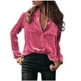 thumbnail image 1 of Penkiiy Women's Solid Button Down Long Sleeve Collar Velvet Shirt Blouse Top L Pink, 1 of 5